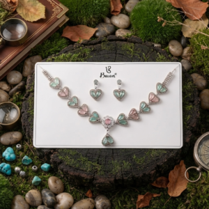 Silver-Plated Heart-Patterned Pastel Stone Necklace and Earrings Set