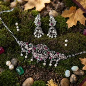 Silver Peacock Design Choker Necklace with Matching Jhumka Earrings Set