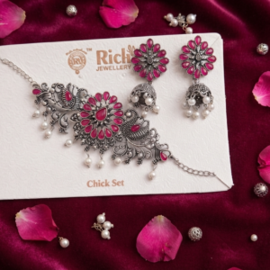 Rich Jewellery Oxidized Silver Pink Stone Choker and Jhumka Earrings Set