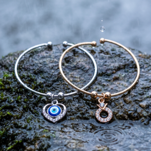 Elegant Duo Charm Bangle Set – Silver Rhinestone Evil Eye Heart & Rose Gold Crystal Ring Cuff Bracelets ( Combo pack of 2 )