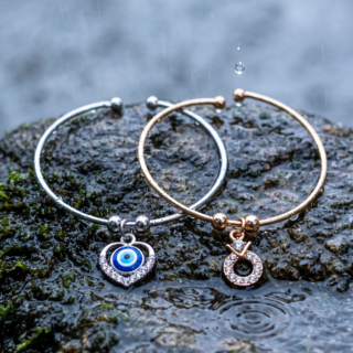 Elegant Duo Charm Bangle Set – Silver Rhinestone Evil Eye Heart & Rose Gold Crystal Ring Cuff Bracelets ( Combo pack of 2 )