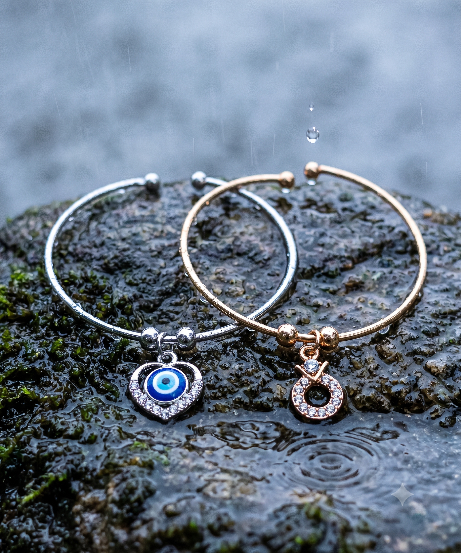 Elegant Duo Charm Bangle Set – Silver Rhinestone Evil Eye Heart & Rose Gold Crystal Ring Cuff Bracelets ( Combo pack of 2 )