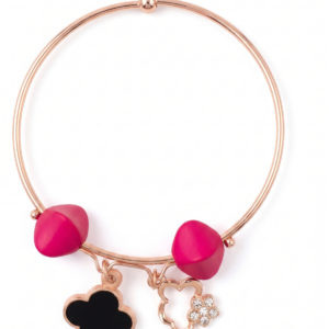 Korean-Style Rose Gold Charm Bangle with Vibrant Hot Pink Accent Beads, and Crystal Flower Charm