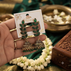 Green Stone Leaf-Motif Jhumka Earrings