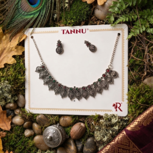 Silver Traditional Stone-Embellished Necklace and Earrings Set