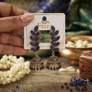 Blue Stone Leaf-Motif Jhumka Earrings