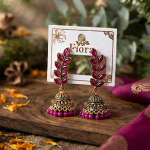 Fuchsia Stone Leaf-Motif Jhumka Earrings