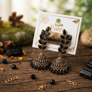 Black Stone Leaf-Motif Jhumka Earrings