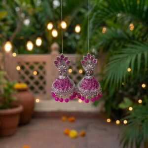 Pink Stone-Studded Oxidized Silver Jhumkas