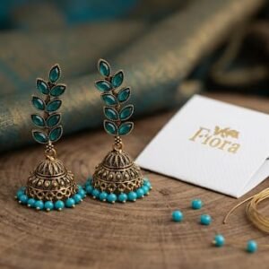 Fiora Leaf-Design Turquoise Stone Antique Gold Jhumkas