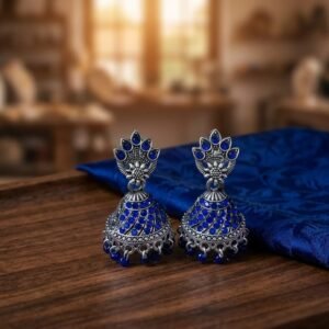 Blue Stone-Studded Oxidized Silver Jhumkas