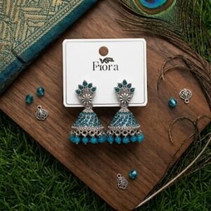 Fiora Turquoise Stone-Studded Oxidized Silver Jhumkas