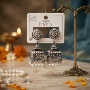 Traditional German Silver Temple Design Tiered Jhumkis with White Beads