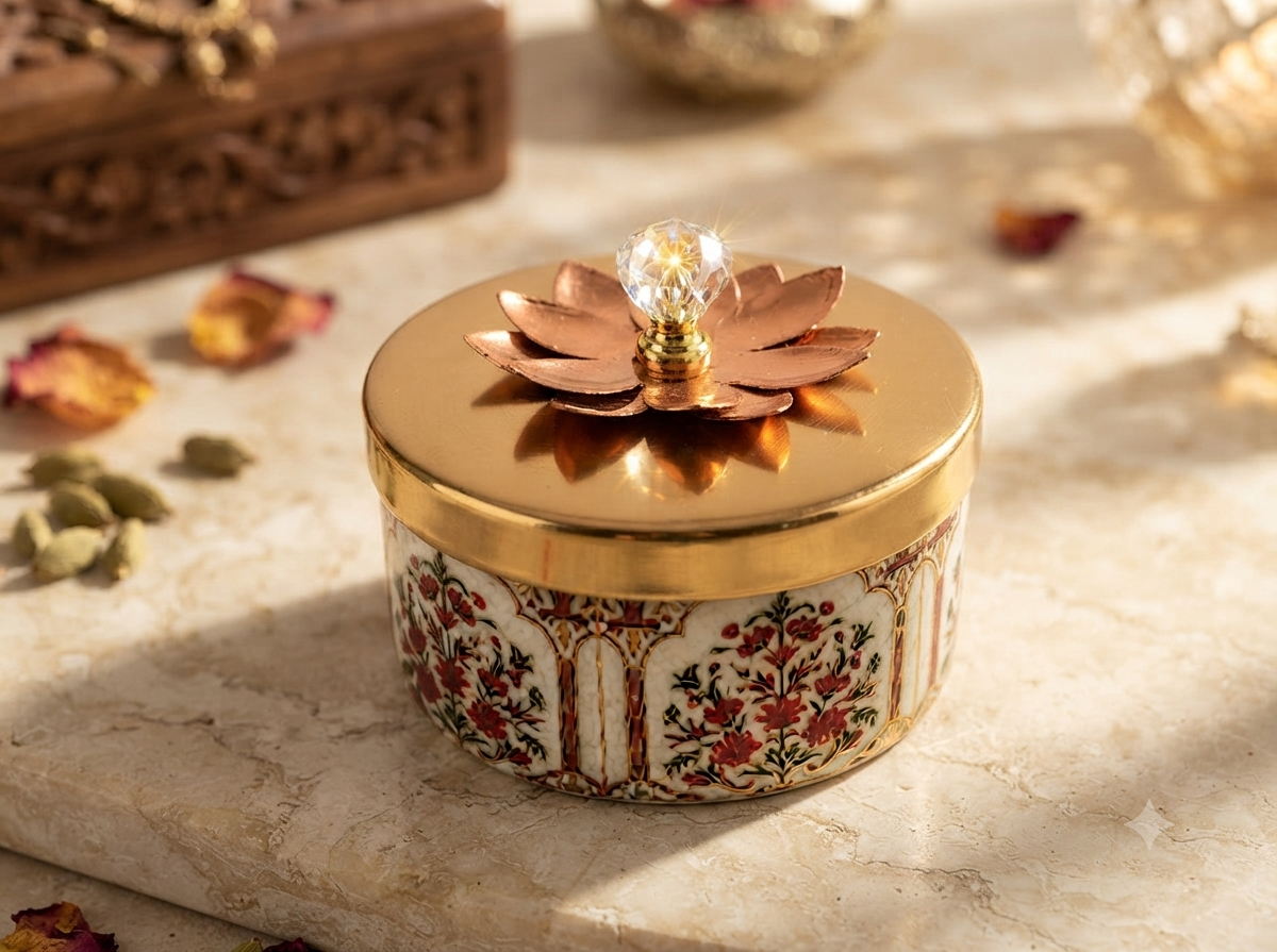 Golden Lotus Container with Crystal stone 4 inch - Image 2