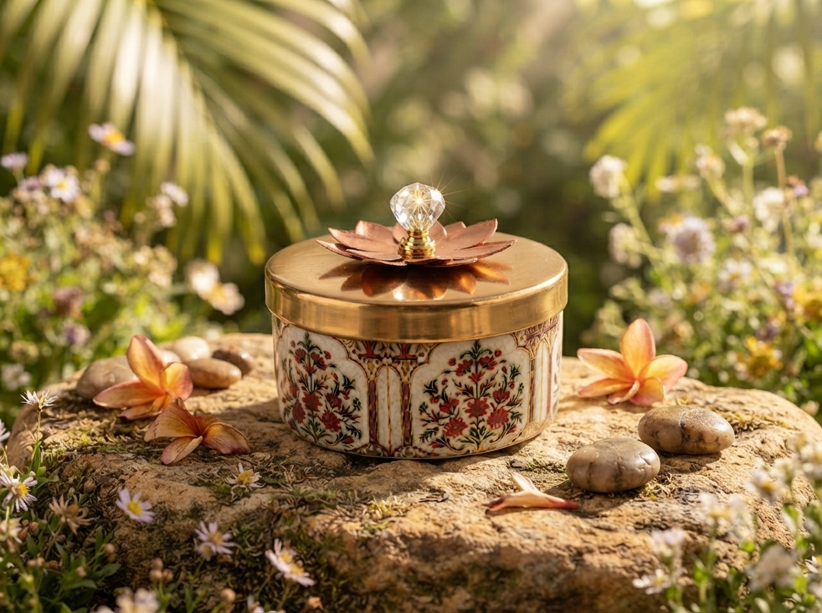 Golden Lotus Container with Crystal stone 4 inch