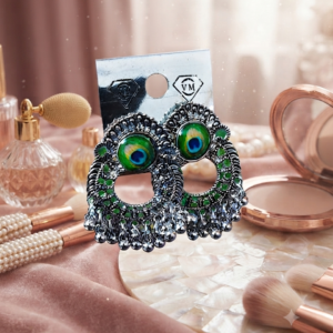 Silver Peacock Feather Design Jhumka Earrings