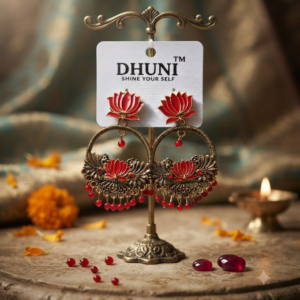 Antique Gold-Plated Red Lotus Motif Jhumka Earrings