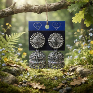 Traditional German Silver Temple Design Stone-Studded Jhumkis