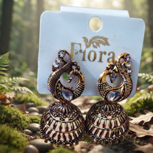 Fiora Antique Gold-Tone Peacock Motif Jhumka Earrings