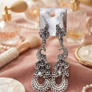 Long Peacock Design Silver Dangle Earrings