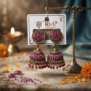 Antique Gold-Plated Pink Stone Jhumka Earrings