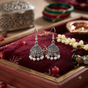 Silver Jhumka Earrings with White Pearl Drops