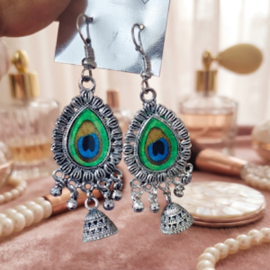 Teardrop Peacock Motif Silver Jhumka Earrings