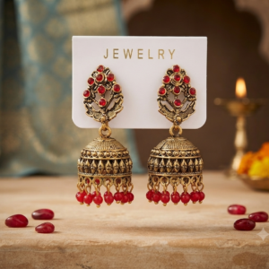Vintage Gold-Plated Red Stone Jhumka Earrings