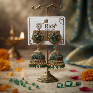 Rich Designer Green Stone Dangle Jhumka Earrings