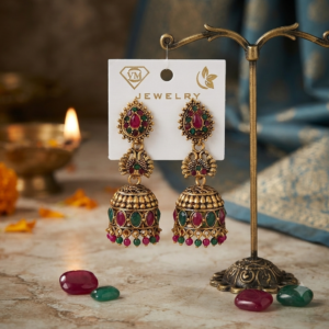 Antique Gold-Plated Peacock Multicolor Stone Jhumka Earrings