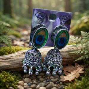Peacock Design Oval Silver Jhumka Earrings