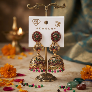 Antique Gold-Plated Peacock Multi-Color Stone Jhumka Earrings