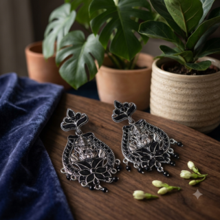 Oxidised Silver Goddess Lakshmi Drop Earrings