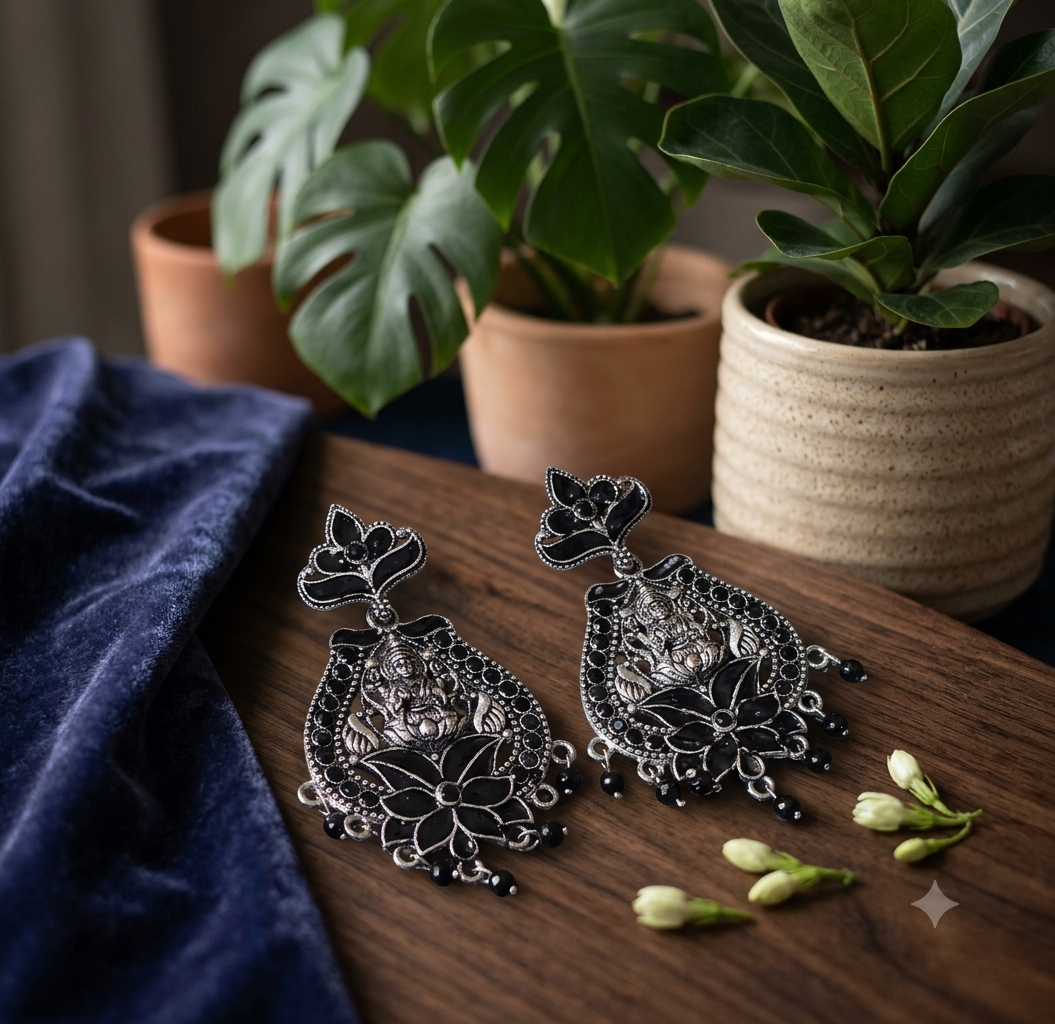Oxidised Silver Goddess Lakshmi Drop Earrings