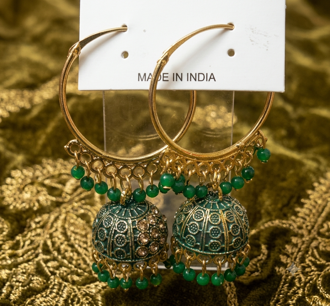 Green Enamel Gold-Toned Hoop Jhumka - Image 2