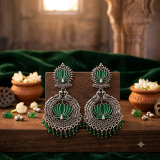 Oxidised Silver Green Enamel Lotus & Peacock Drop Earrings