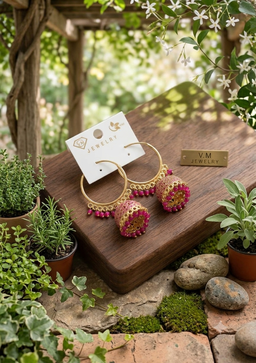 Gold-Toned Pink Enamel Jhumka - Image 2