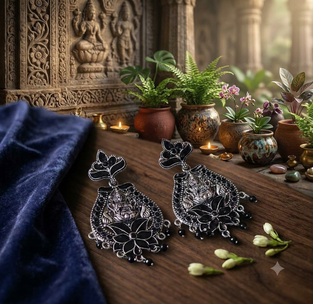 Oxidised Silver Goddess Lakshmi Drop Earrings - Image 2