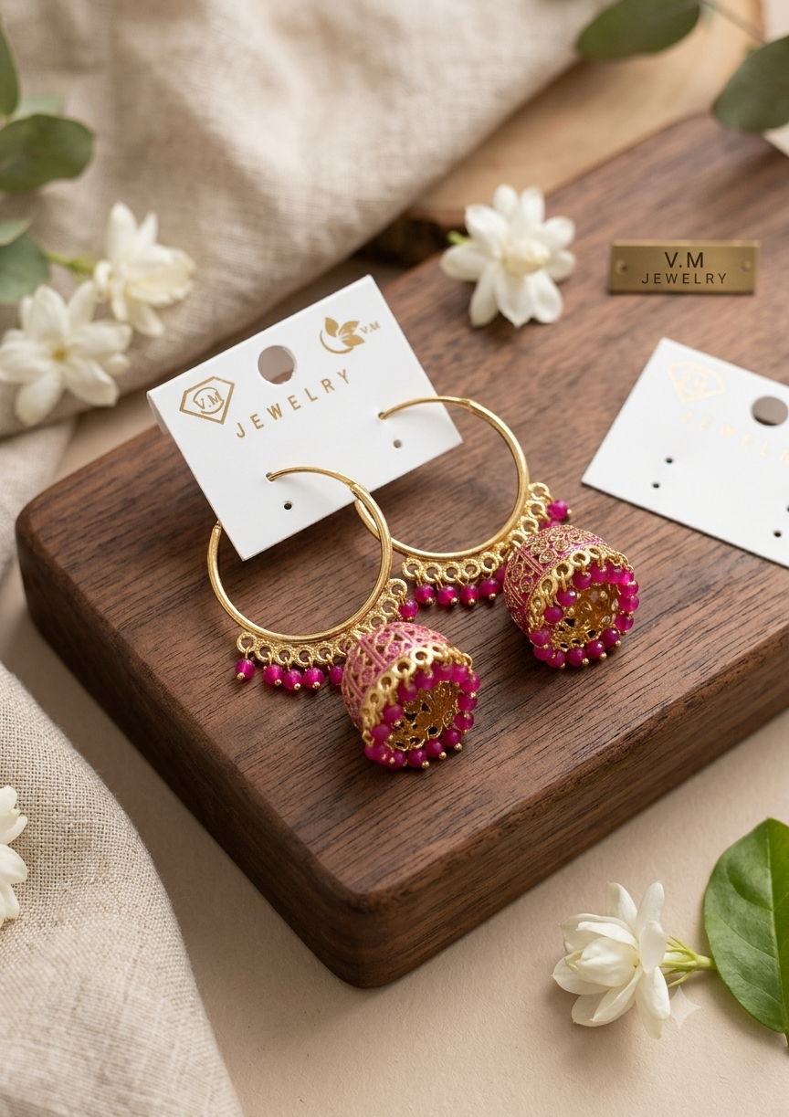 Gold-Toned Pink Enamel Jhumka