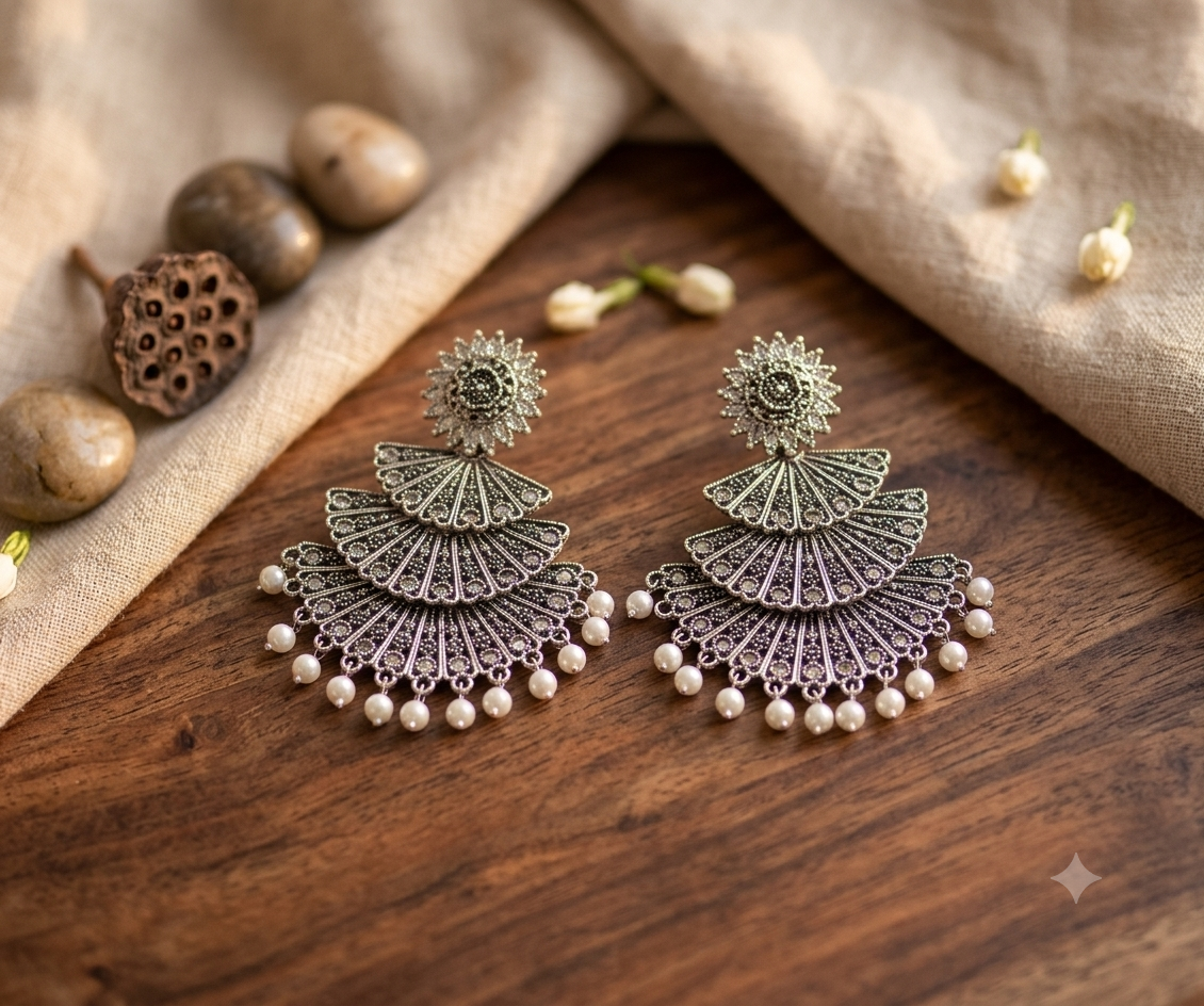 Oxidised Silver Multi-Tiered Fan Drop Earrings with White Beads