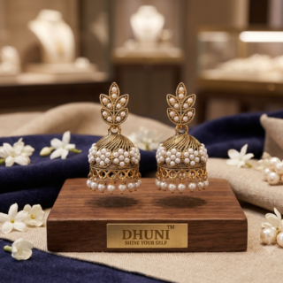 Antique Gold-Toned Pearl Leaf Stud Jhumka Earrings