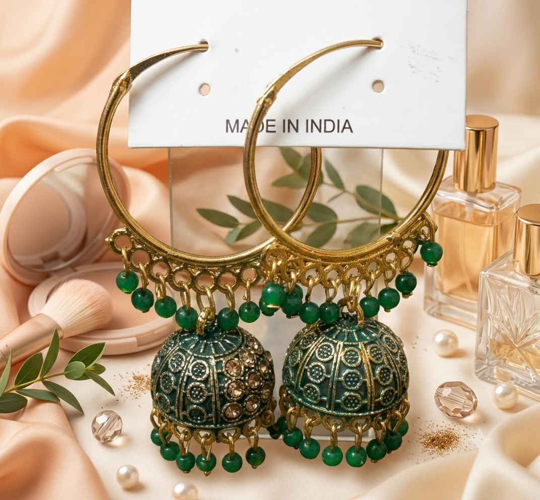 Green Enamel Gold-Toned Hoop Jhumka