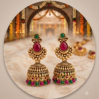 Kundan Style Ethnic Dangle Jhumka Earrings - Green & Magenta
