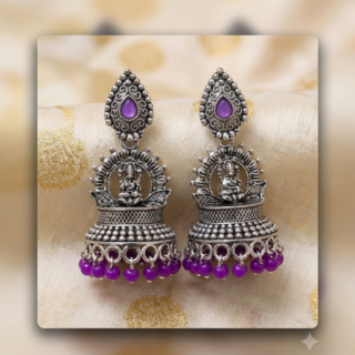 Antique Oxidized Silver Lakshmi Temple Jhumka Earrings with Purple Accent Beads