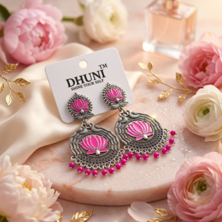 Pink Lotus Oxidized Silver Jhumka